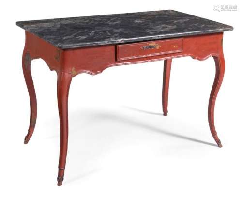 Rococo table with marble top. 18th century. 72x101x64 cm. Door frame drawer. Iron mountings. Probably walnut, red lacquered. Rest. Aged grey marble slab.