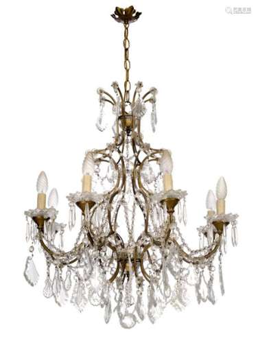 Chandelier. Rococo style. H. 105 cm. Eight flames. Brass frame. Partially cut glass pendant. Electrif. geriatric sp.
