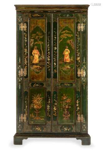 Chinoiser corner cupboard. 19th century. H. 213/Sl. 78 cm. Two-door. Brass fittings. Polychrome lacquer painting. Rest. Provenance: Private collection Baden-Württemberg.