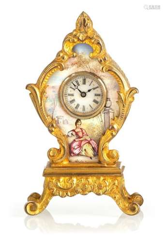 Miniature decorative pendule. Vienna, late 19th century. H. 9 cm. Gilded bronze and brass case, the front side with fine enamel painting. L. ber. White enamel dial with roman numerals. Cylinder movement.
