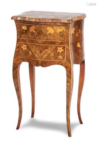 Louis XV chest of drawers. France, 18th and 19th centuries. 76x43x32 cm. Two drawers, one of which opens to the right side. Flower marquetry on rosewood, partly coloured and engraved. Red marble top. Rest. geriatric sp.