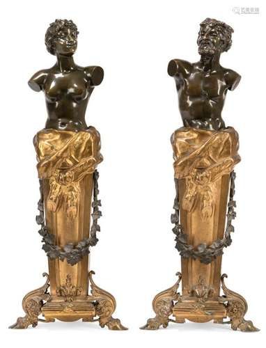 Pair of exceptional fireplaces. France, 19th century. H. Seven inches. Bronze, partly patinated, partly gilded. One figure shows Daphne, the other figure a faun. Rest. A large pair of figurative chenets with carefully worked figures.