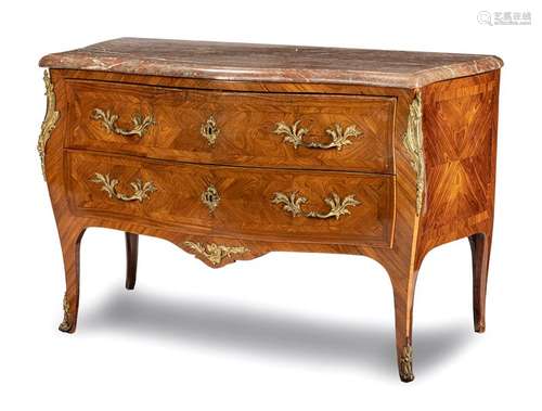 Elegant Louis XV chest of drawers. Stamped F. Garnier and JME, Paris, around 1750. 84x129x66 cm. Double-barrelled, sans traverse. Bronze fittings. Rosewood. Rest. Red marble top. The chest of drawers is stamped twice on the top of the frame. In addition to F. Garnier and JME it bears the monogram CF. This could indicate a possible former owner Cf. P. Kjellberg, Le Mobilier Francais Du XVIIIe Siecle, pp. 337 f. Francois Garnier died on 20 October 1774, further dates of his life unknown.