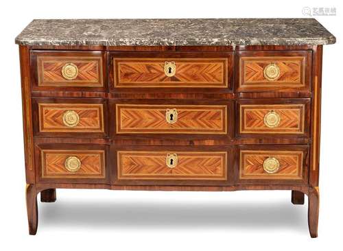 Transition dresser. France, circa 1770/80. 86x127x54 cm. Five-eyed. Bronze fittings. Rosewood, mahogany and others, partly coloured. Rest. Aged grey marble slab.