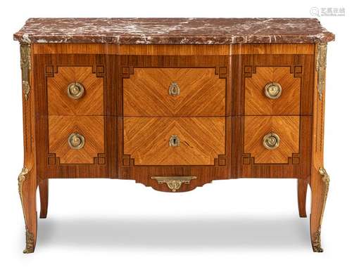 Louis XVI style chest of drawers. France, circa 1900. 82x116x54 cm. Double-barrelled, sans traverse. Bronze fittings. Rosewood and others Rest. Aged red marble slab.