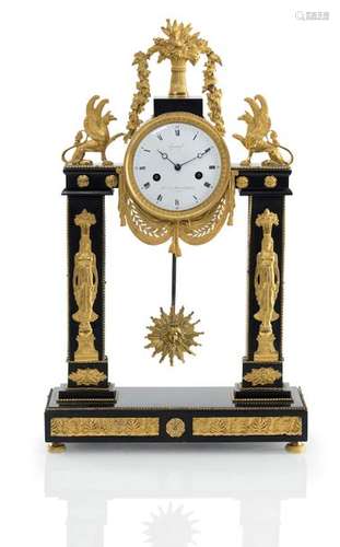 Empire watch, Epenoy, horologer de la Maison Jm. le Napoleon A St. Denis. France, 1810. H. 54.5 cm. Portal-like, black marble case with elaborate, fire-gilded bronze decoration. White enamel dial with Roman numerals and blued steel hands. Large Parisian movement with eight days running time, half-hour strike on bell and thread suspension of the sun pendulum. Rest. See G. H. Baillie, Watchmakers & Clockmakers of the World, Volume 1, p. 101.