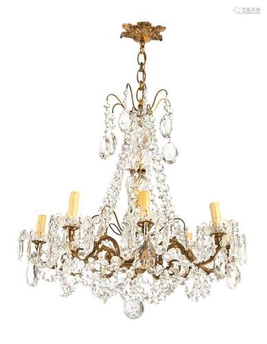 Chandelier. Rococo style. H. Three feet. Eight flames. Brass frame, partly prismatic ground glass hanging. geriatric sp.