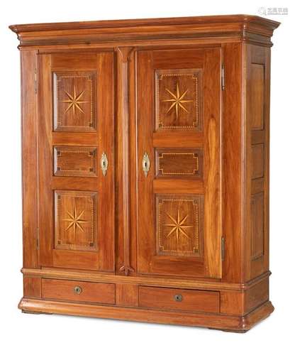 Classicist cupboard. Southwest German, around 1800. 210x190x67 cm. Two-door. Two pedestal drawers. Brass fittings. Rest. Agessp. cherry tree, oak and others