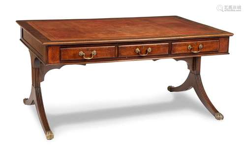 Large Partners Desk. England, 19th century. 75x152x104 cm. Three frame drawers on each of the long sides. Brass fittings. Gold embossed, red leather trim. Mahogany. Brass paw pads. Rest. Provenance: From a large South German private collection. In one of the drawers there is an old dealer stamp of M.W. Edgley.