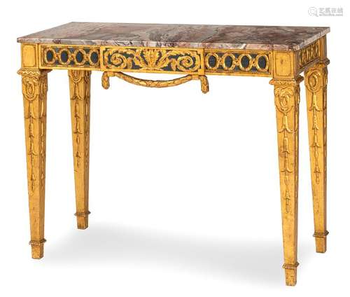 Pair of console tables. Classicist style, 19th century. 85x105x45 cm. Carved/ stuccoed and gilded, partly painted. Pink marble top. Rest. Age-specified coniferous wood.