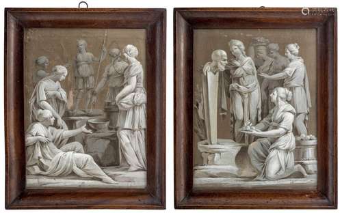 A pair of classicistic silk paintings. Probably France, around 1800. 32x25 cm. Grisaille painting on silk. Orig. walnut frame. senile The fine paintings depict, among other things, homage to Diana and a sacrificial scene to a herme.