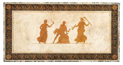 Classicist scagliola table top. Italy, first quarter of the 19th century. 47 by 90 centimeters. Border in grey marble. Scagliola motives in three colours, partly engraved. Rest. Figural staffage with torchbearers. Meandering vine frieze.