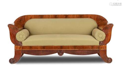 Biedermeier sofa. Probably Lübeck, around 1830. 92x200x68 cm. Mahogany front decorated with drapery and others. Rest. Cf. Pressler/Döbner/Eller, Biedermeier furniture, p. 233, no. 506.