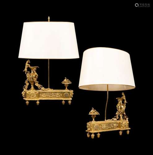 Pair of fine fireplace bucks. France, 19th century. H. 80 cm. Chased and gilded bronze. As side lamps elektrif. geriatric sp.