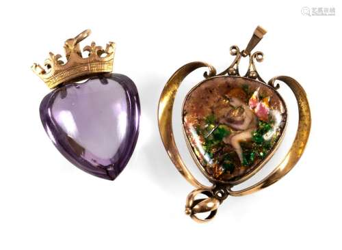 2 HERZANHÄNGER, UM 1900/1910. GG, EMAILLE, AMETHYST. L. 3.5/4.5 CM.