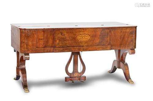 Late Biedermeier table piano. F.D. Wagner, circa 1840. 87x177x80.5 cm. Bronzesabots. Ivory keys. Rest. Erg. Aged. Mahogany and other mechanics untested. Provenance: From a large southern German private collection.