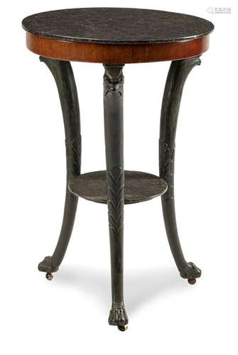 Small salon table. Empire style, 19th century. H. 74/D. 50 cm. Carved and set, mahogany. Black stone slab. Rest. geriatric sp.