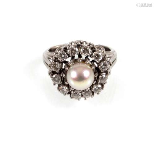 RING, 1950ER JAHRE, BY, UH-- PEARL, 12 DIAMOND CA. 1 CT.