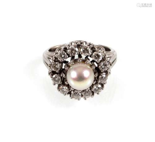 RING, 1950ER JAHRE, BY, UH-- PEARL, 12 DIAMOND CA. 1 CT.