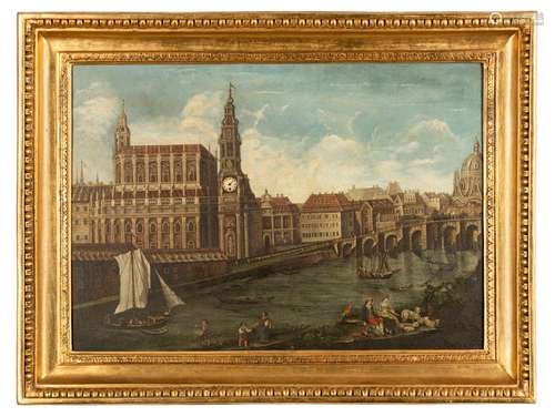 Picture clock. German, 19th century. 82x109x21 cm. Stylized view of Dresden with the Elbe River and figures. Oil/sheet metal Fire-gilded pocket watch spindle movement. Rest. Erg. agesp.