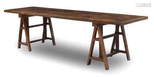 Refectory table. France, 18th and 19th centuries. 80x288x82 cm. Large tabletop, beech, etc. from the 18th century on later, height-adjustable trestles. Age and use sp. rest. Plate with beautiful patina.