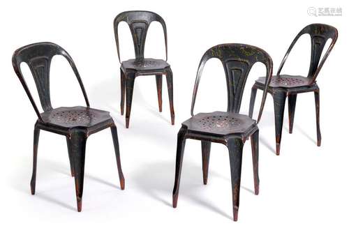 Set of four iron chairs. In the style of the Chaise A by Xavier Pauchard for Tolix, France, 1930s. H.84 cm. Stackable. Sheet iron, coloured. geriatric sp.