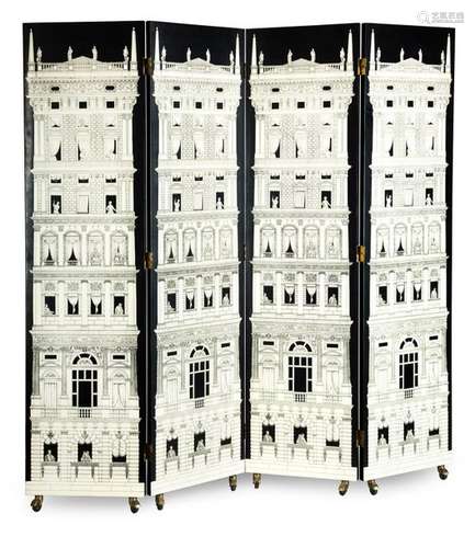 Screen, Grattacielo del Rinascimento. designed by Piero Fornasetti, c. 1955. 206 x 200 cm. Four-piece. Brass hinges and rollers. Wood, white and black lacquered, gold and white printed. Four wings connected by hinges with two continuous motifs: among others, Grattacielo del Rinascimento. Not signed. Slight signs of wear. Provenance: Formerly Prof. Werner Weißbrodt Pforzheim. Acquired from the estate. See Fornasetti, Piero/ Mauriès, Patrick: Fornasetti: designer of dreams, London 1991.