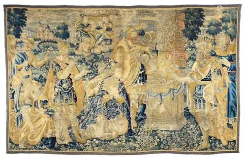 Mythological tapestry. Flanders, about 1600. 260 X 390 CM. Tapestry woven in wool and silk. Against the background of an ideal park landscape with stylized architecture and fine depiction of trees, plants and foliage, the focus of the picture motif is on a rich scene of figures. Female and male figures are portrayed in antique, splendid robes. It is a scene from the mythology of Iphigenia. The legendary tradition of the Iphigenia material was created as a drama by the Greek poet Euripides (480-406 B.C.) already in ancient times. Euripides is the author of the tragedies Iphigenia in Aulis and Iphigenia by the Taurus, when the Greek commander-in-chief Agamemnon and his army tried to cross from Aulis to Troy for the war, but they were prevented from doing so by Artemis due to a lack of wind. This was an act of revenge, since Agamemnon had sacrificed a hind that was sacred to her. From the wise seer Kalchas, Agamemnon then learned that he had to sacrifice his daughter Iphigenia to the goddess in order for favorable winds to blow. Shortly before the sacrifice, Artemis replaced the girl at the altar with a hind and abducted her to Tauris. Agamemnon is depicted to the right of the altar, Iphigenia kneels to the left. A mythological tapestry, Flemish, 1600 circa. Wool and silk. Story of Iphigenia. Border missing.  Reweavings and repairs.