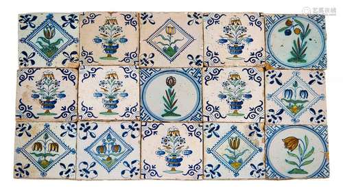 15 TILES, 17TH/18TH CENTURY JE CA. 13X13 CM.