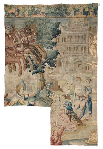 Tapestry fragment. Brussels, 16th century. 210 x 159 cm. In the inventory of Dr. Hensler's estate that has been handed down, it is pointed out that the tapestry offered here is part of a monthly series. Furthermore, the four horses in the sky are promised a chariot with Apollo as driver, who kills the dragon Python. Subjects from mythological sources, such as the Metamorphoses of Ovid, were often used and combined with elements of the present day: The robes and architecture of this section of the picture correspond to the style of the 16th century. The high quality tapestry work from Brussels shaped the 16th century before French manufactories were to dominate the market from around the turn of the century. Provenance: From South German aristocratic property. Formerly in the estate of Dr. Erwin Hensler (1882-1935), art historian, library and museum director. Since 1914 director of the royal copperplate engraving collection and the Prinzliche Sekundogeniturbibliothek in Dresden. From 1924 also director of the art collections of the House of Wettin. Listed in an old inventory - extract is available as a copy: Received as a gift in the summer of 1923 from Ernst August von Hannover (1845-1923), 3rd Duke of Cumberland and Teviotdale. - Min. age rating and min. rep. secured on support lines and labelled on the back.