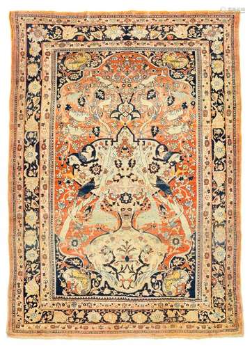 Rare Täriz prayer rug. Northern Persia, late 19th century. 258 x 178 cm. Exemplary representative of a group of fine knotted works of art with naturalistically interpreted depictions of animals and mythical creatures. Depicted symmetrically to the vertical axis, two trees grow upwards from the long sides of the copper-coloured inner field and occupy the upper half of the ivory-ground medallion. Partly integrated into the pattern continuation, partly exposed, a variety of animal and animal fight depictions are shown. Worked on a finely twisted cotton warp with a high knotting density. Provenance: Stuttgart collection. Acquired at Nagel in June 1991, auction 338, lot 3329 - Cf. Bacharach/Biermann 1978, ill. 46 - Replicas of old and used replicas.