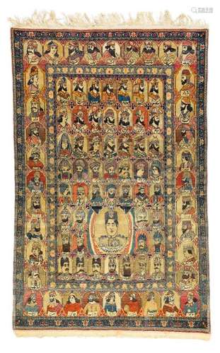 Fine Isfahan tapestry. Central Persia, circa 1920. 218 x 140 cm. Finely woven piece with the representation of lined up miniature portraits. The positions of the Persian ruling dynasties. Provenance: From the private property of a southern German family of building contractors. Acquired in Persia between 1964 and 1968. - A small crack. Min. signs of wear in good overall condition.