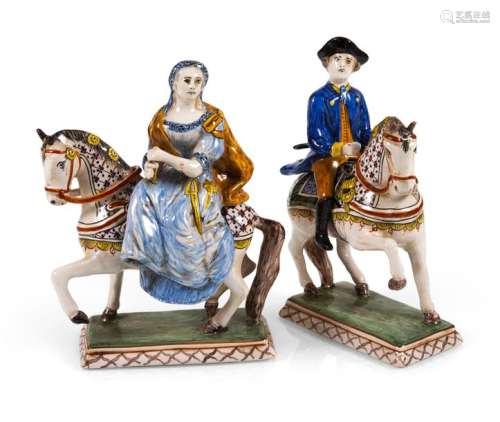 BAROQUE DELFT RIDING COUPLE,. 18TH/19TH CENTURY, COLOURFULLY DECORATED. H. 23/24 CM.