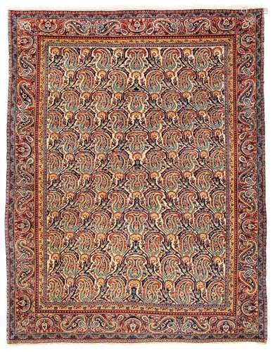 Old Keshan. Central Persia. 213 x 160 cm. A repeat of boteh motifs covers both the light-ground field and the border. A weave with clear and strong colours and an overall appealing colouring. Decorative pattern and attractive format. Min. rep. and rest. Insg. in good condition in the pile.