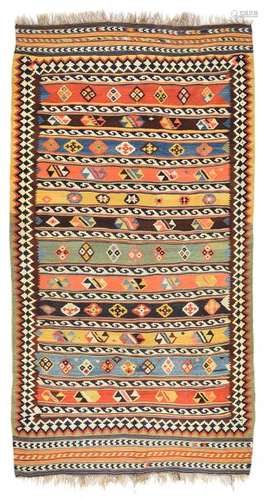 Qashqa'i Kilim. Southern Persia, circa 1900. 251 x 134 cm. More attractive Qashqa'i kilim decorated in a stripe pattern. Alternating colouring and geometric ornaments cover the panels. Edge and side finishes typical of the area. Provenance: South German private property. - Insg. well preserved.