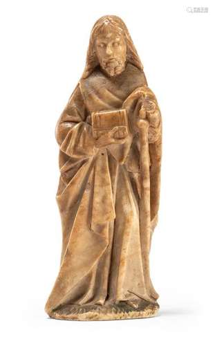 Holy Apostle. Franco-Flemish, c. 1450/60. H. 20 cm. Alabaster, full round, flattened at the back of the head. Standing, bearded saint with book and pilgrim's staff. In the upper part restoration, parts of the staff are missing. Originally a metal nimbus was attached to the back of the head. Possibly St. James. Provenance: Formerly the Carl von Weinberg Collection (1861-1943). In 1949, he returned to his next of kin in the succession of Richard von Szilvinyi and has been in direct family ownership ever since. Formerly Weinberg's Villa Waldfried, Frankfurt a.M. Foreword by Carl von Weinberg (PDF)