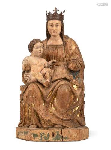 Throne Madonna and Child. Northern Italy, probably Friuli, second half of the 15th century. H. 71 cm. Hardwood/lime, strongly hollowed on the back. Madonna enthroned on a wooden bench, her gaze directed to the front. The baby Jesus sits on her right leg, her body facing to the left. Remains of old setting and incarnate parts. Ignored. Hands and feet partly missing, bench worked off at the sides. Age-related damage. Head caddy set old. Metal crown later. In a further comparison, an enthroned Madonna and Child, which can be attributed to Martino Mioni di Tolmezzo on the basis of a signature. Today it is located in the Musei Civici in Udine. The same style is reflected in the overall attitude. The child in the Madonna of Mioni is clothed and sits on her left knee, but shows the same posture of legs and arms.