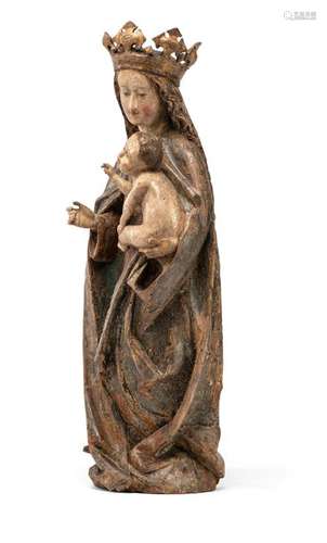 Madonna and Child. Austrian, late 15th century. H. 58 cm. Lime tree, full round. Standing, crowned figure of Mary, the child sits on her left hand. Her robe falls in loose folds to the floor and plays around her feet. Later version, erg., old-school Provenance: From an old Belgian private collection.