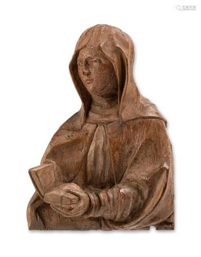 Holy nun with book. around 1520/50. 25 x 19 cm. Bust of a nun with head veil and book from a larger group. Lime tree, worked as a relief. Frame removed. On the left side supplement at the book and at the robe.