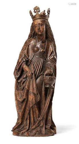 Stein, Jörg - gen. Master of Tiefenbronn (workshop). worked in Ulm 1453 - 1491, c. 1470/75. h. 77 cm. Saint Dorothea. Willow wood, heavily hollowed on the back. Formerly set and covered with brown glaze. Partially original inlaid sections. Supplements, age damage, rest. Former shrine figure of a winged altar. Looking to the right, she stood heraldically to the left of the central figure. Provenance: Private collection U.S.A. Acquired at Auktionshaus Lempertz, auction 920, Cologne, May 17, 2008, lot 1182, mentioned there from a private collection from the Rhine region Formerly the G. Voß Collection, Berlin (documented in the Fotoarchiv Marburg), certainly the art historian Georg Voß (1854-1932). Expert opinion by Dr. Miller, Ottobrunn, 21.7.2010. Excerpts of the report state: 