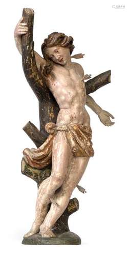 Saint Sebastian. South German, circa 1720. H. 71 cm. Hardwood, full round design. Original version double bypassed. Original findings. Arms worked separately. The front part of the base and toes of the left foot are erg. Arrows later. senile Provenance: Collection Reck, Tettnang.