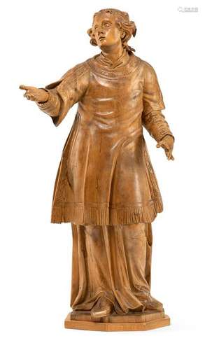 Standing saint in robe. South German, 18th century. H. 94/97 cm. Lime tree, heavily hollowed at the back. Wood-sighted. Supplements, missing parts, old-age pension Modern wooden plinth. Provenance: From an old Baden-Württemberg collection.