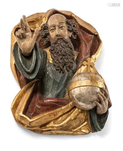 God the Father with the globe. Southern Germany, late 17th century. Seventy-seven by fifty-six centimeters. Half-figure of God the Father, holding the globe in one hand and raising the right arm in blessing. Lime tree, hollowed at the back. Later setting, gilding and silvering. At the back in the lower part older appendix. Aged. Provenance: From the collection of a Southern German physician and art lover.