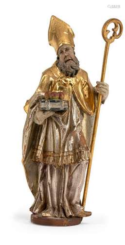 Saint Nicholas of Myra. Upper Swabia/Allgaeu, c. 1710/20. H. 30 cm. Lime tree, flattened at the back. Expressive figure in moving posture with his attributes mitre, crosier and three apples on a book. Later setting and gilding. Rod erg. Slightly aged. Provenance: From the collection of a Southern German physician and art lover.