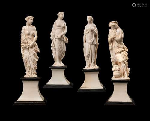 Belleteste, Jean Antoine (workshop, attr.). Dieppe 1731-1811, France, 18th and 19th centuries. H. 18.5/19/27 cm. Four figures of the seasons. Two spring figures, summer and winter. Full round figures made of ivory. Ivory-clad, indented wooden plinths. 1 figure l. rest., among others min. dam. The Belleteste family of ivory carvers was active in Dieppe, northern France, in the 18th and 19th centuries. Its most famous member was Jean Antoine Belleteste (1731-1811), one of the best ivory carvers in Dieppe. Among other things he recreated the Four Seasons from the park of Versailles. Lit. Thieme-Becker, vol. 3/4, p. 245/246.