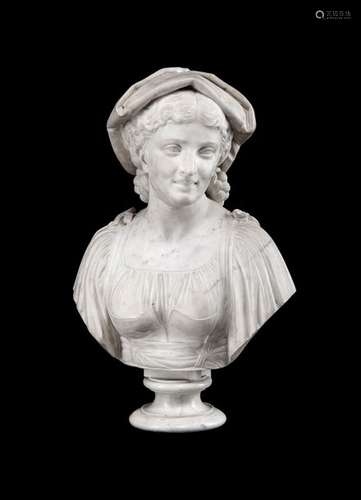 Clesinger, Jean Baptiste. 1814 - 1883, Rome, dated 1858. h. 61/74 cm. Marble bust of a young woman with cloth. Signed J. CLESINGER ROME 1858 at the side under the shoulder, at the base l. rep., min. rest. Provenance: South German private property.