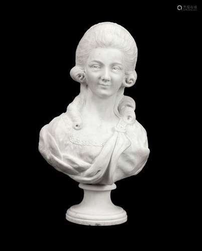 Bartel, A. France, 19th century. H. 57 cm. Bust of Marie Antoinette. White Carrara marble, finely worked. Signed on the reverse A.BARTEL. Min. Chip.