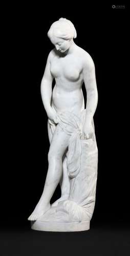 Falconet, Etienne Maurice (after). Paris 1716-1791, 19th century. H. 71 cm. Bathing Venus. White Carrara marble, fully round. Signed 