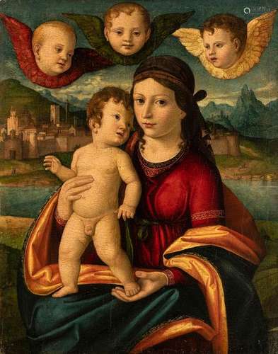 Cima da Conegliano, Giovanni Battista (district). Conegliano 1460 - 1517. 68 x 55 cm. The Madonna with the Christ boy and three cherubs. In the background river landscape with a fortified city. Oil/wood.