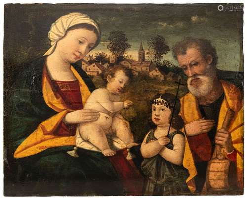 Santacroce, Francesco di Bernardo de Vecchi (workshop). Venice 1508 - 1545. 38 x 44 cm. The Holy Family with St. John the Boy in front of a landscape background. Oil/wood. Aged, rest.